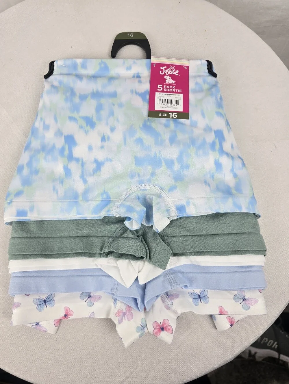 Justice Girls 5-Pack Shortie Underwear Blue, Green, White, Pink Mix Sz 16
